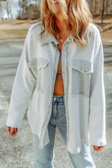 Black Plain Textured Button Up Shirt Shacket with Flap Pockets