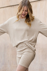 Apricot Ribbed Knit Drop Shoulder T Shirt & Shorts Two Piece Shorts Sets