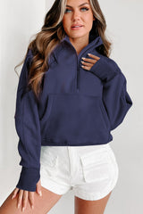 Parchment Zip Up Stand Collar Ribbed Thumbhole Sleeve Sweatshirt