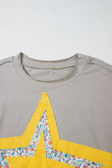 Medium Grey Floral Star Patched 3/4 Sleeve Plus Size Top