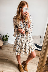 Khaki Leopard Button V Neck Pocket Flowy Mini Dress