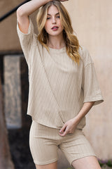 Apricot Ribbed Knit Drop Shoulder T Shirt & Shorts Two Piece Shorts Sets