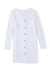 White Solid Button Up V Neck Long Cover Up