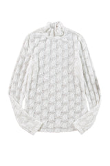 White Floral Lace High Neck Slim Fit Long Sleeve Top