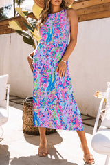 Purple Fluorescent Printed Round Neck Sleeveless Maxi Dress