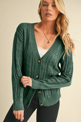 Dark Khaki Hollow Knit Drop Shoulder Cardigan