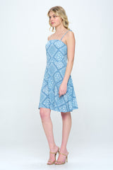 Paisley printed spagetti strap tie shoulder smocked back A-line dress