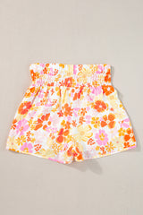 Orange Retro Floral Shirred High Waist Athletic Shorts