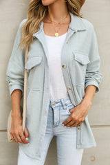 Black Plain Textured Button Up Shirt Shacket with Flap Pockets