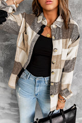 Grey Plaid Color Block Pockets Buttoned Shacket
