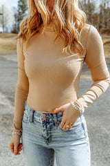 Black Plain Solid Color Ribbed Long Sleeve Mock Neck Top