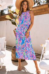 Purple Fluorescent Printed Round Neck Sleeveless Maxi Dress