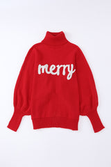 Red Turtle Neck Batwing Sleeve Merry Christmas Sweater
