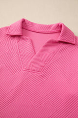 Black Plain Textured Collared V Neck Top and Wide Leg Pants Set