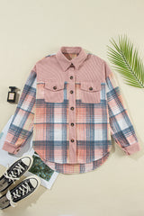 Cinnamon Plaid Corduroy Patchwork Pocket Loose Shacket