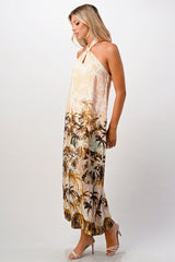 100% Silk Halter Maxi Dress With Palm Tree Printed