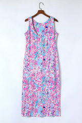 Purple Fluorescent Printed Round Neck Sleeveless Maxi Dress