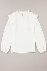 White Frilled Neck Ruffled Trim Bubble Sleeve Blouse