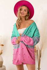 Multicolor Pompom Color Block Open Front Cardigan Sweater