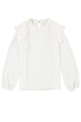 White Frilled Neck Ruffled Trim Bubble Sleeve Blouse