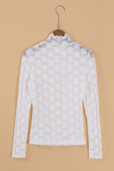 White Floral Lace High Neck Slim Fit Long Sleeve Top