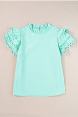 Mint Green Layered Ric Rac Cap Sleeve Filled Neck Blouse