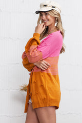 Multicolor Pompom Color Block Open Front Cardigan Sweater