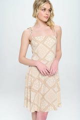 Paisley printed spagetti strap tie shoulder smocked back A-line dress