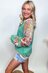 Sky Blue Plaid Floral Patchwork Raglan Sleeve Plus Size Sweatshirt