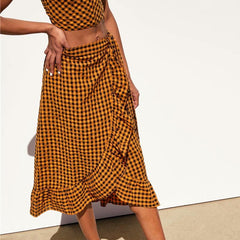 Elegant yellow plaid ruffle midi skirt Women high waist bow