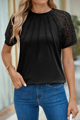 Blackish Green Seamed Detail Contrast Lace Raglan Sleeve Tee