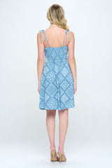 Paisley printed spagetti strap tie shoulder smocked back A-line dress