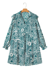 Green Boho Floral Puff Sleeve Split Neck Plus Size Dress