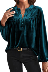 Gold Flame Velvet Beaded V Neck Lantern Sleeve Top