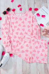 Black Heart Shape Print Long Sleeve Top and Shorts Loungewear Set