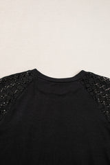 Blackish Green Seamed Detail Contrast Lace Raglan Sleeve Tee