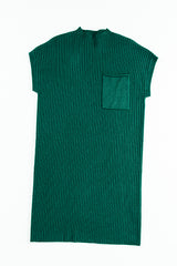Blackish Green Patch Pocket Knit Short Sleeve Sweater Dress