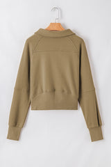 Parchment Zip Up Stand Collar Ribbed Thumbhole Sleeve Sweatshirt