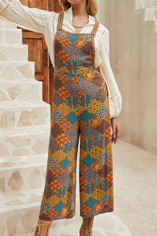Multicolour Boho Floral Print Cropped Wide Leg Overalls