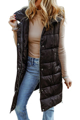 Green Hooded Pocketed Quilted Long Vest Coat