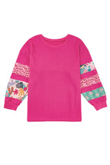 Rose Red Leopard Patchwork Sleeve Split Plus Sweatshirt