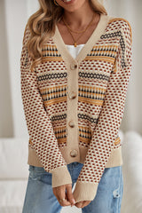 Khaki Geometric Pattern Button Front V Neck Cropped Cardigan
