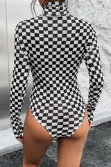 Black Checkered Print Long Sleeve Mock Neck Bodysuit
