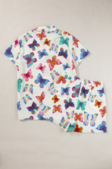 Multicolour Butterfly Print Button-up Shirt & Shorts Pajama Set