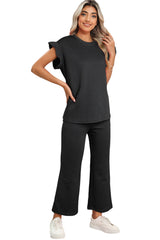 Black Textured Ruffle Summer Top and Drawstring Pants Set