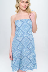 Paisley printed spagetti strap tie shoulder smocked back A-line dress