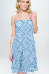 Paisley printed spagetti strap tie shoulder smocked back A-line dress