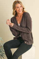 Dark Khaki Hollow Knit Drop Shoulder Cardigan