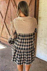 Black Plaid Waffle Patchwork Collared V Neck Plus Size Dress