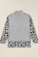 Slit Leopard Mock Neck Dropped Shoulder Sweater
